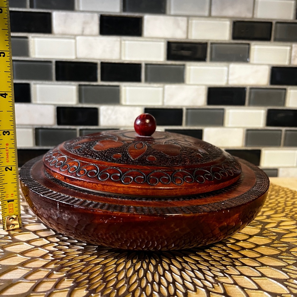 Polish Hand Carved Wood Trinket Box Dish Lid & Bowl Decorative Storage Container - Picture 7 of 10